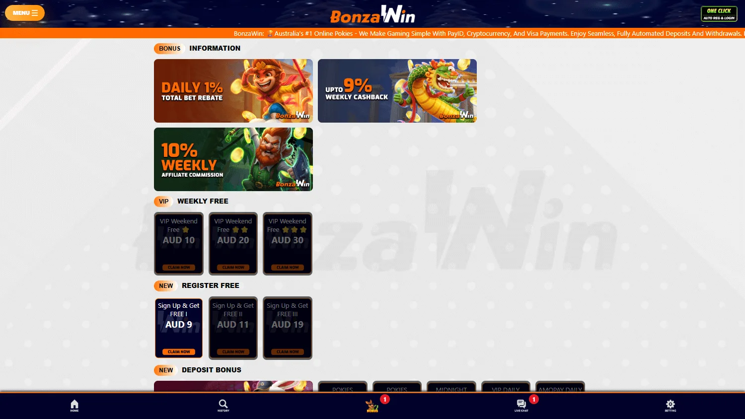 Bonzawin Casino desktop promotions interface with bonus offers