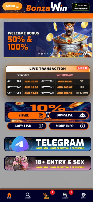 Bonzawin Casino mobile home interface