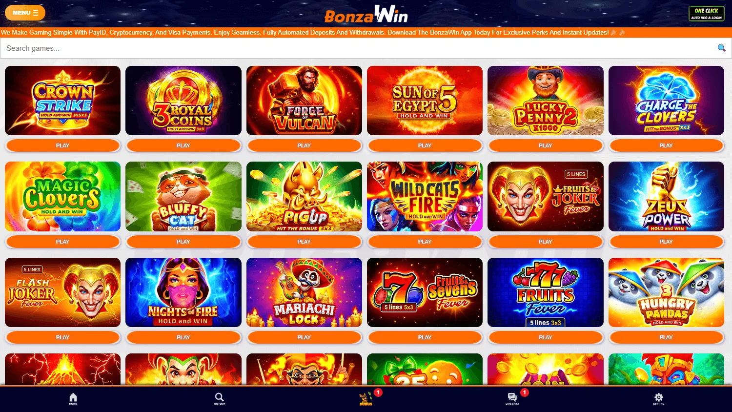 Bonzawin Casino desktop games interface with casino categories