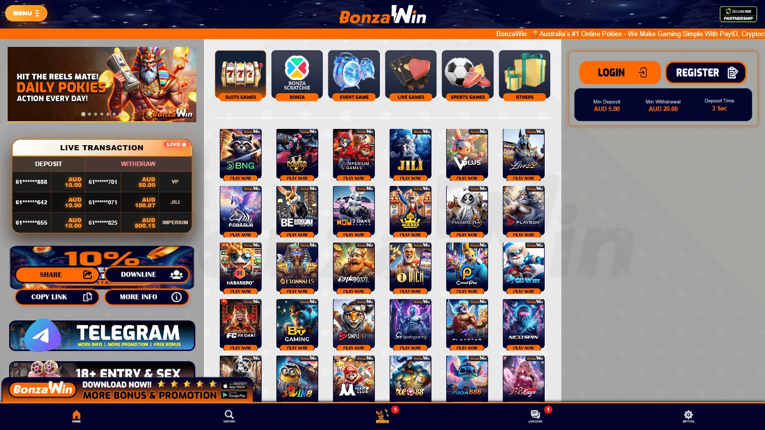 Bonzawin Casino desktop home interface for Australian players