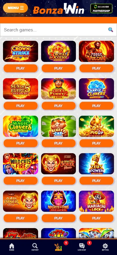 Bonzawin Casino mobile games interface