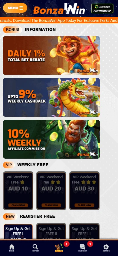 Bonzawin Casino mobile promotions interface